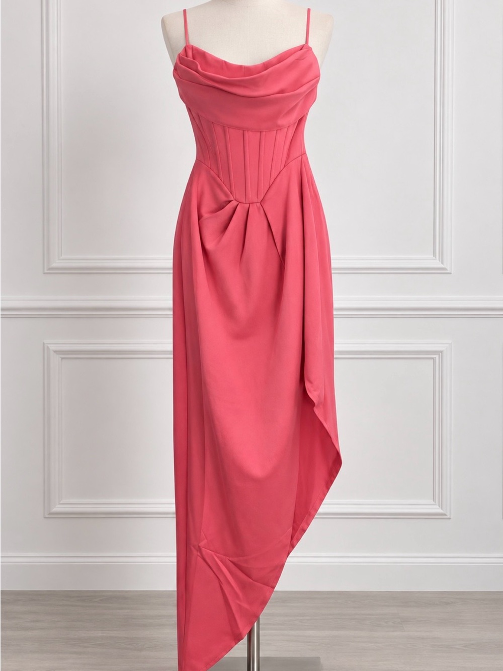 Fate Coral-Pink Asymmetrical Draped Midi Dress